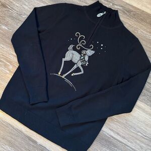 Christine Alexander Sm Black Rhinestone Reindeer Sweater Quarter Zip Mock Neck